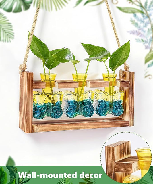 Nacome Butterfly Vase Propagation Stations: Glass Plant Terrarium with Wooden Stand for Home Office Desk Decor, Unique Gifts for Plant Lovers Women Mom (Yellow)