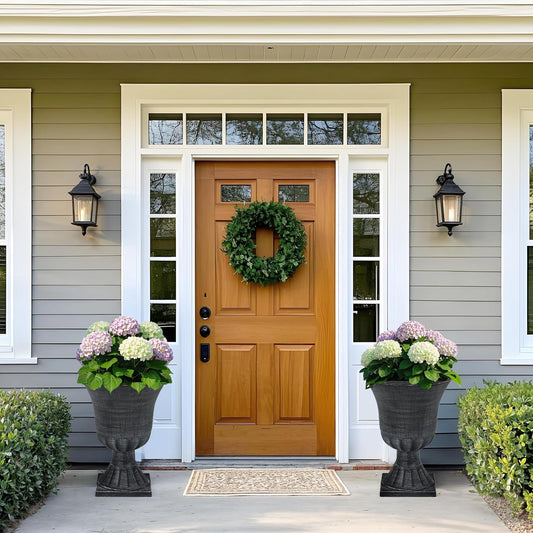 22" Large Urn Planters for Outdoor Plants, Set of 2 Plastic Flower Pot with Handmade Washed Black Finish, Weather-Resistant for Porch, Garden, Patio or Indoor Decor