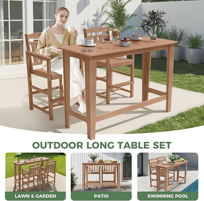 HDPE Outdoor Patio Bar Set with High Top Table and 2 Adirondack Chairs, All-Weather Bar Height Outside Rectangular Pub Furniture for Bistro, Garden, Backyard, Deck | 3-Pieces, Teak