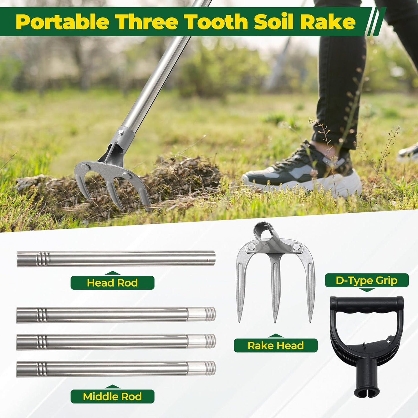 Hand Garden Rake, Adjustable Handle Heavy Duty Garden Cultivator Rake with D-Type Grip for Digging, Weeding, Loosening