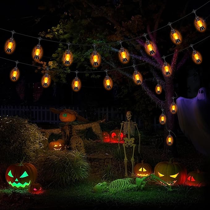 Christmas Flame String Lights , 21FT Indoor Outdoor String Lights with 10 Flickering Flame Bulb, Timer, Waterproof LED Outdoor Decorative Orange Lights for Patio, Yard, Bistro, Porch, Garden Decor