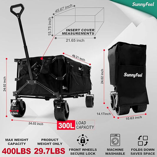 SUNNYFEEL 49''L 550lbs Heavy Duty Wagon Cart Foldable with Wheels,Extra Long Fold Up Wagons Carts with Side Pocket and Brakes for Camping Sports Garden Shopping (Black)