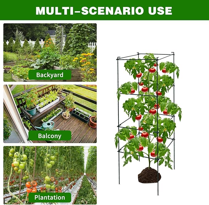 6 Packs Tomato Cages for Garden, 12"×12"×39" Plant Support Cage with Different Spacing, Green Metal Trellis for Climbing Plants Like Cucumber, Flowers