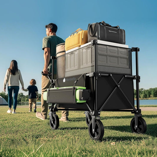 Folding Wagon Cart Foldable with Wheels, Adjustable Double Decker 150L-300L Capacity, All-Terrain Wheels & Brake, 450LBS Heavy Duty Collapsible Wagon for Beach, Camping, Outdoor