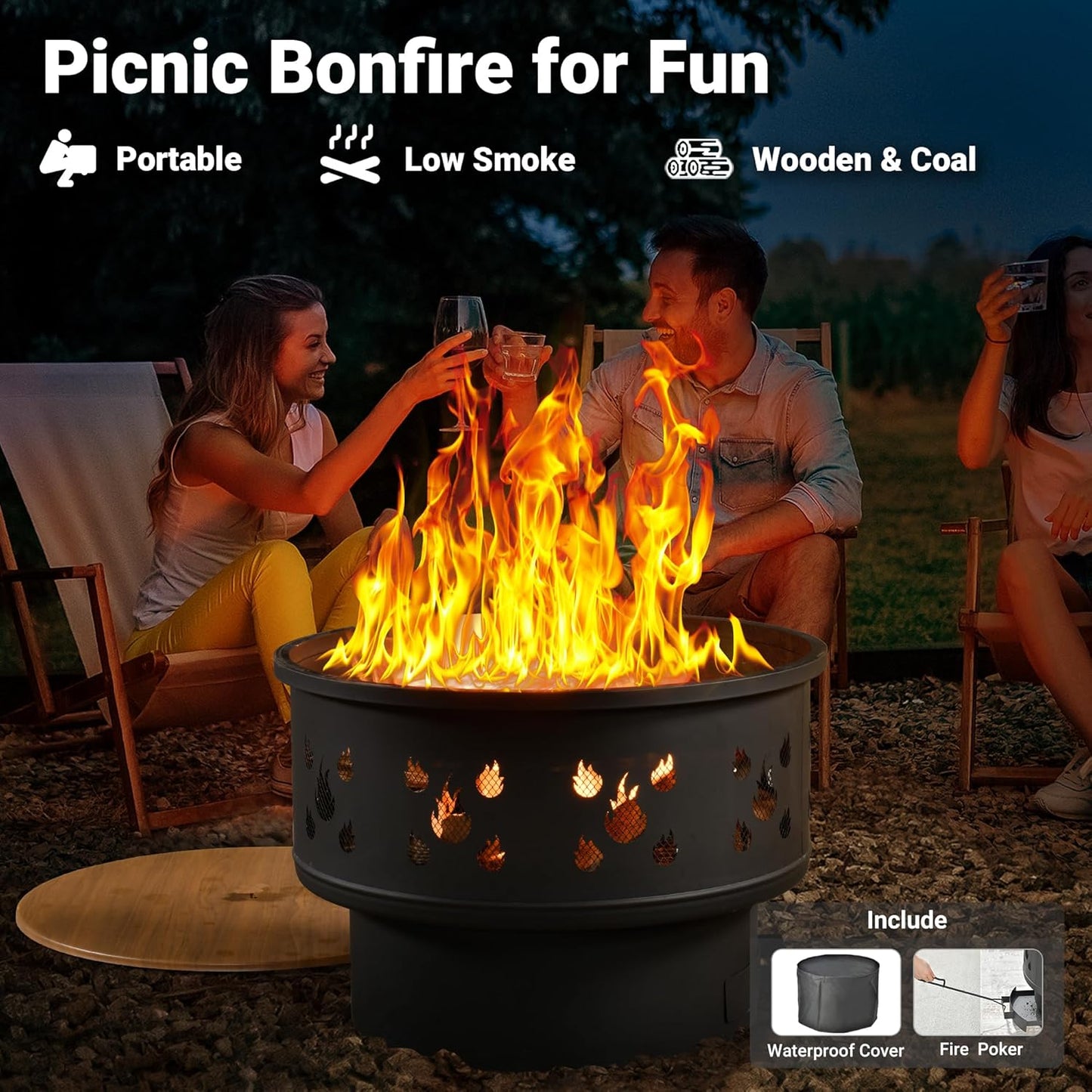 ovios 4 Pieces Patio Furniture Set with 25" Fire Pit, Outdoor Wicker Chairs of 4, All Weather High Back Rattan Chairs 4-Seater with Comfy Cushions, Black