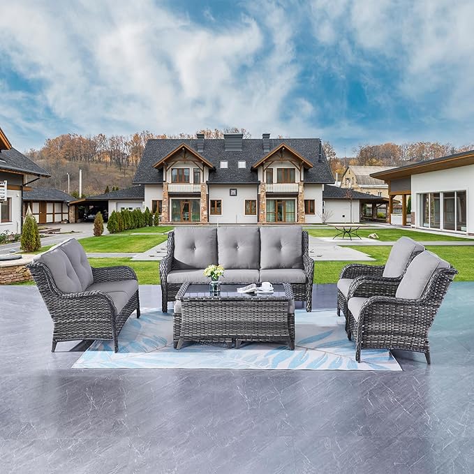 Rilyson Outdoor Patio Furniture Sofa Set - 7 PC Rattan Wicker Patio Sectional Conversation Sets with Sofa,Loveseat,Coffee Table,Armrest Chairs and Ottomans for Porch Deck Garden(Mixed Grey/Grey)