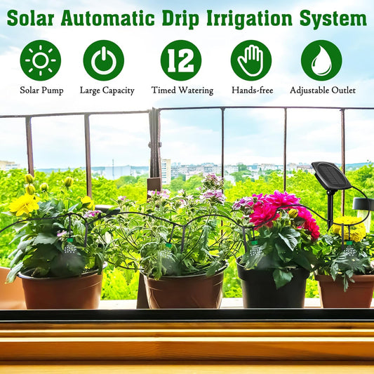 Solar Drip Irrigation System for Garden, Automatic Drip Irrigation Kits,Plants Self Watering Devices for Vacation,Solar Powered Water Pump for Potted Plants,Raised Beds,Greenhouse (15 Pots)