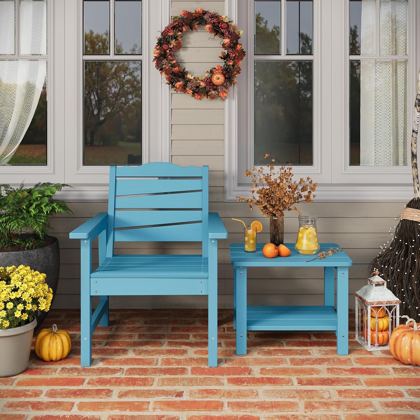 Weatherproof Patio Chair, HIPS Outdoor Dining Chair with Ergonomics Wide Seat, 400lbs Capacity Outdoor Chairs for Garden, Porch, Lawn & Backyard, Lake Blue