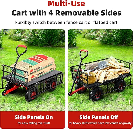 Heavy Duty 880 Lbs Steel Dump Utility Garden Cart, Steel Garden Wagon with Removable Mesh Sides and 10 inch Wheels, Dump Garden Carts with 180° Rotating Handle for Outdoor, Gardening, Farm