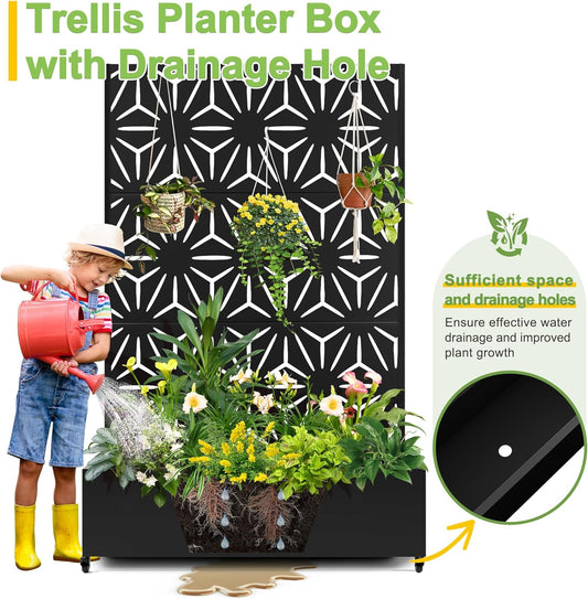 FENCY Metal Raised Garden Bed with Wheels and Trellis,73"x47"x16" Planter Box for Climbing Plants, Vegetables & Vines, Features Privacy Screen and Drainage Holes (Black-Star)