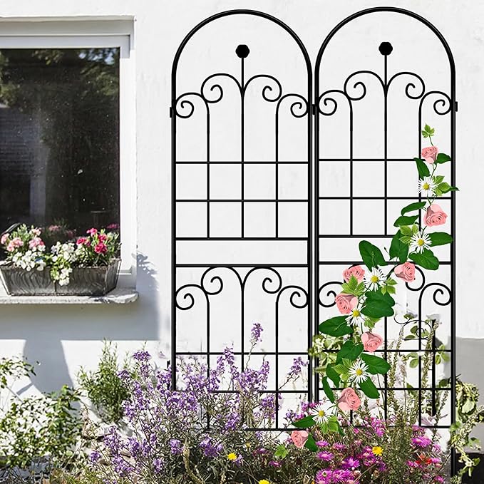LZRS 4 Pack 71x20in Rustic Iron Arch Decoration Garden Trellis with Black Metal Coating – Perfect for Supporting Climbing Plants Outdoor, Roses, Vines, Flowers, and Vegetables.