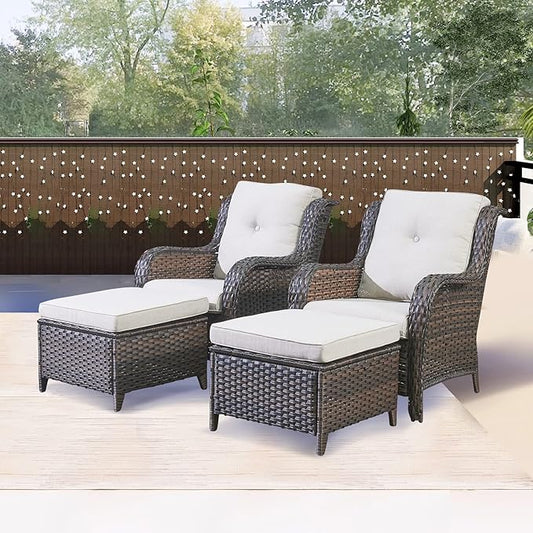 Rilyson Wicker Patio Furniture Set - 4 Piece Rattan Outdoor Sectional Conversation Sets with 2 Chairs and 2 Ottomans for Porch Deck Garden(Brown/Beige)