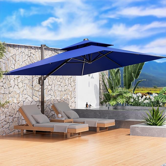 9' X 12' Cantilever Outdoor Patio Umbrellas Double Top Large Rectangle Umbrella Heavy Duty 360°Rotation Offset Umbrella for Garden Deck Pool Patio,Navy Blue