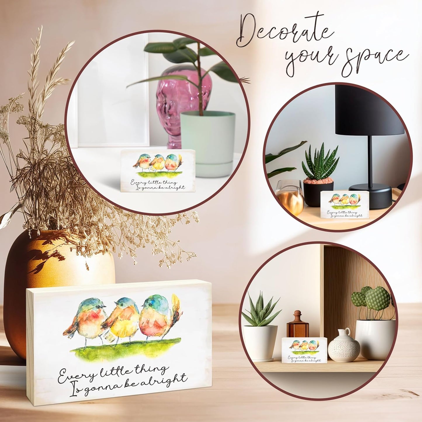 Rustic Pine Wood Block Sign - Every Little Thing Is Gonna Be Alright - Watercolor Birds, Positive Wooden Plaque For Desk Top, Shelf, Gift For Friends, Home & Office Decorations(4 X 6 Inches) - D10