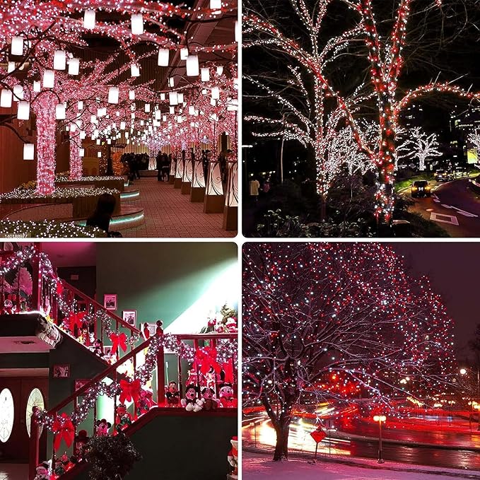 OZS 2PK 240LED Solar String Lights Outdoor Waterproof | Solar Christmas Tree Lights with 8 Lighting Modes Solar Light Outdoor for Xmas Party Garden Tree Christmas Decorations (Red&Cool White)