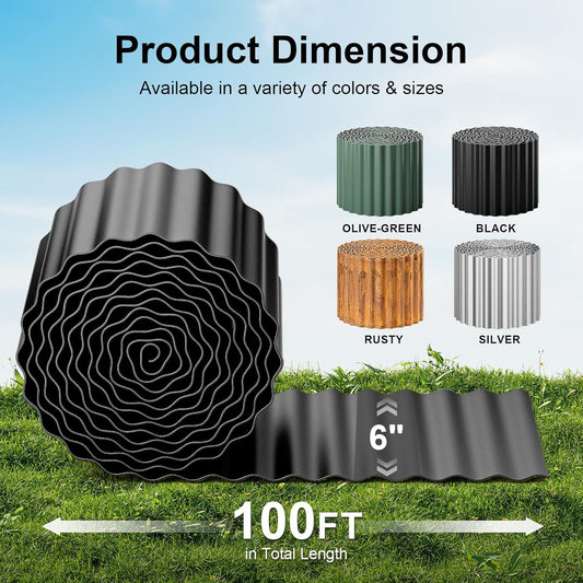 Land Guard Corrugated Garden Edging Border, 6" × 100' Landscape Paver Edging, Tall Landscape Edging, Fence for Garden, Flower Bed, Lawn and Landscape Edging (Black)