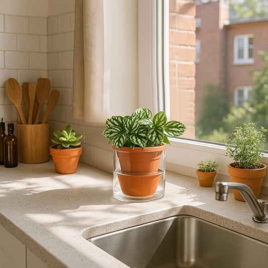 D'vine Dev 4 Inch Design Self Watering Pot for Indoor Plants, Terracotta Planter with Cylinder Glass Cup, Set of 4, 37-Z-A-1-F