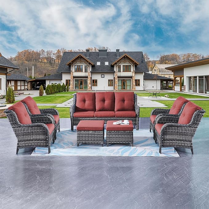 Rilyson Wicker Patio Furniture Chairs Set - 7 Piece Rattan Outdoor Sectional Conversation Sets with 1 Sofa,4 Armrest Chairs and 2 Ottomans for Porch Deck Garden(Mixed Grey/Red)