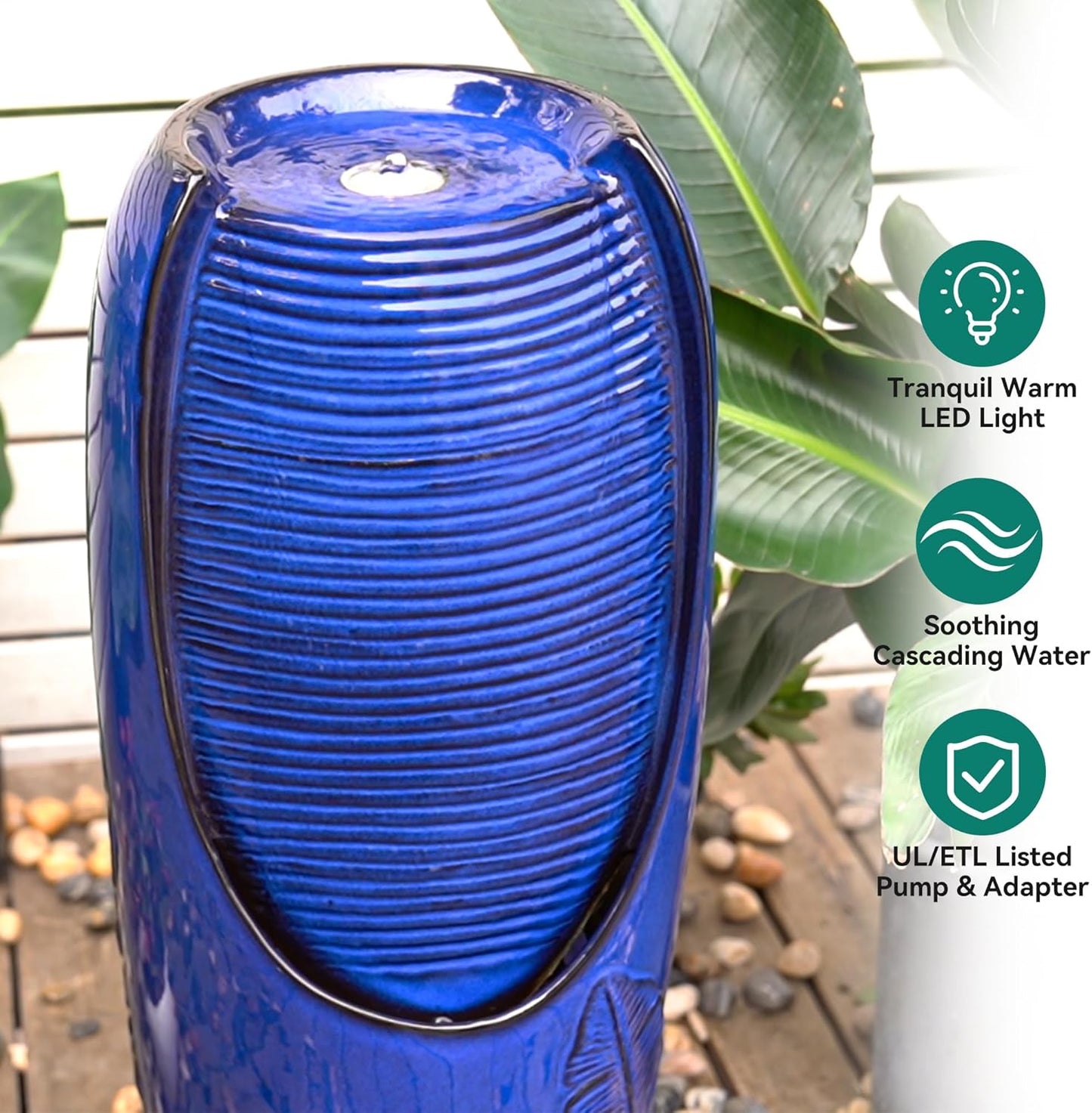 33" Tall Outdoor Garden Fountain with LED Lights, Modern Ceramic Jar Water Fountain, 3D Tropical Leaf Pattern, Cobalt Blue Glaze, Soothing Cascading Waterfall for Relaxing Patio, Yard, Porch
