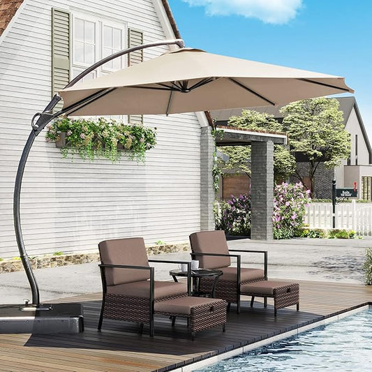 LAUSAINT HOME Outdoor Patio Umbrellas with Base, Upgraded 11FT Curvy Offset Cantilever Umbrella with 360° Rotation Design for Garden, Pool, Backyard, Market, Deck (Champagne-Upgraded)