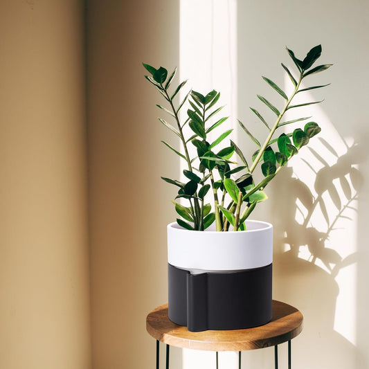 8 Inch Self-Watering Planter Pot with Terracotta Insert, Deep Water Reservoir, and Ceramic-Alike BPA-Free Plastic Planter Pot for Plant, Modern Planter for Houseplants, Black/White, 53-C-T-7