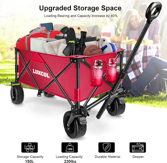 LUXCOL Collapsible Folding Wagon, Heavy Duty Utility Beach Wagon Cart for Sand with Big Wheels, Adjustable Handle&Drink Holders for Shopping, Camping,Garden and Outdoor