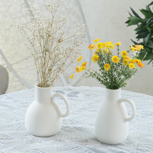 White Ceramic Vase Set - 2 Small Vases with Handle, Pottery Vases for Modern Home Decor, Minimalist Matte Pitcher for Fowers, Decorative Clay Vase Centerpiece Dining Table Decorations