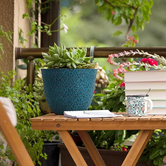 Worth Garden Plastic Round 8" Plant Pots for Indoor Plants - Set of 6 Multicolor Small Flower Pots W/Drainage Hole and Rubber Plug - Home Christmas Decorative planters Retro Floral Pattern