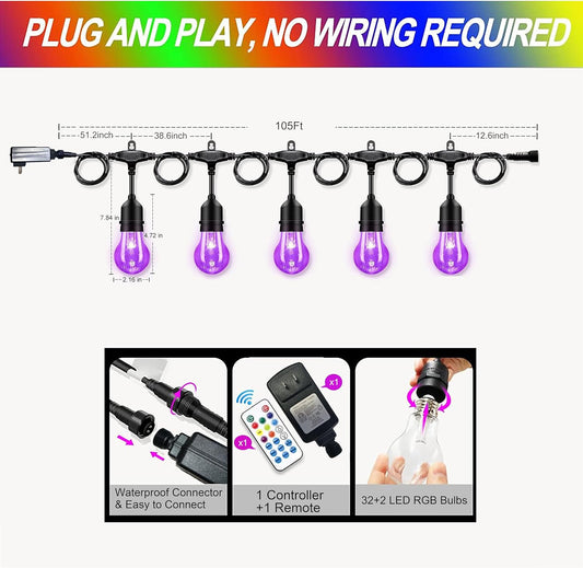 Auroraworld Outdoor String Lights RGB, 105FT LED Color Changing Patio Lights with Shatterproof Bulbs for Backyard
