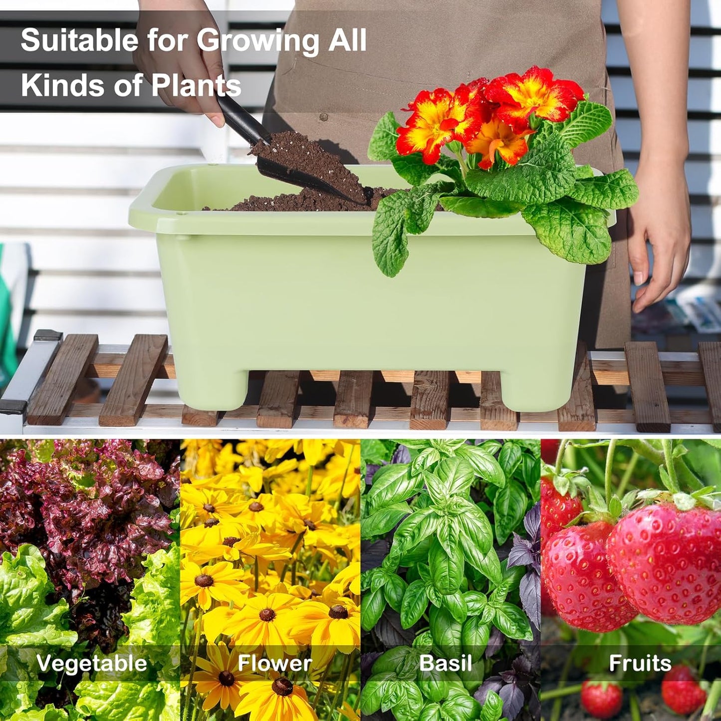 Self-Watering Rectangle Planter Boxes 8-Pack, 15.7-Inch Window Box Planter with Drainage Holes & Trays, Pots for Vegetables, Herbs, Flowers, Garden Windowsill Balcony (Light Green, 15.7*8.3*7.1 inch)