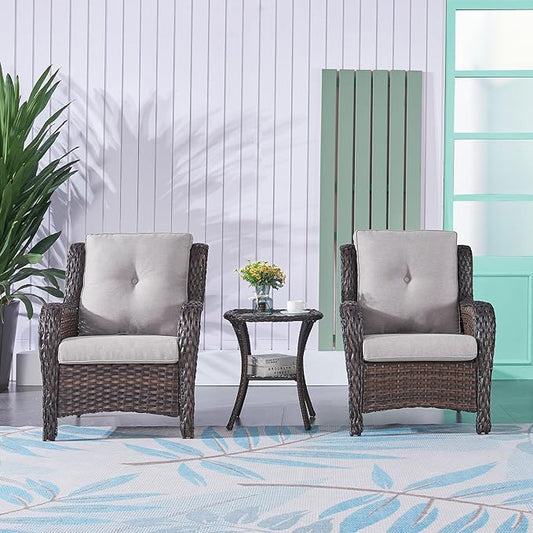 Rilyson Patio Bistro Set Wicker Chairs - 3 Piece Outdoor Rattan Conversation Set with 2 Armrest Chair and 1 Side Table for Proch Deck Garden Backyard Balcony(Brown/Grey)