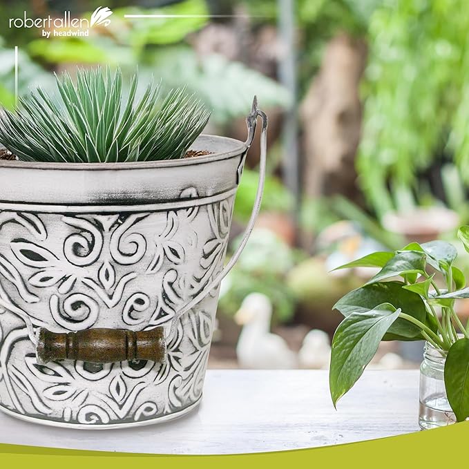 Headwind Robert Allen Vintage Floral Metal Planter with Handle, 12-Inch, Rustic White – Lightweight Indoor/Outdoor Flower Pot with Drainage Hole