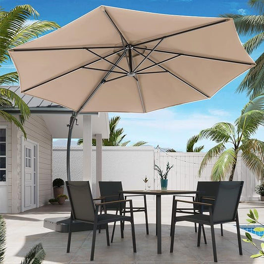LAUSAINT HOME Outdoor Patio Umbrella with Base included, 12 FT Deluxe Curvy Cantilever Umbrella Heavy Duty Offset Hanging Umbrella with 360° Rotation for Market, Pool, Garden, Backyard, Deck (Beige)