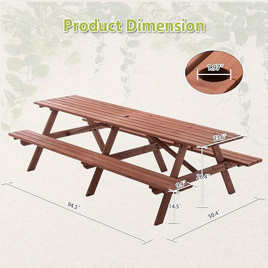 ZeHuoGe 95-Inch Outdoor Picnic Table Set with Benches, 12-Person Wooden Patio Table with Umbrella Hole, Rustic Garden Furniture for Backyard