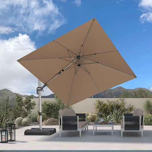 PURPLE LEAF 10' X 10' Left-right Tilting Patio Umbrella Outdoor Swivel Cantilever Umbrella Aluminum Offset Umbrella with Champagne Frame and 360-degree Rotation for Garden Deck Pool, Taupe