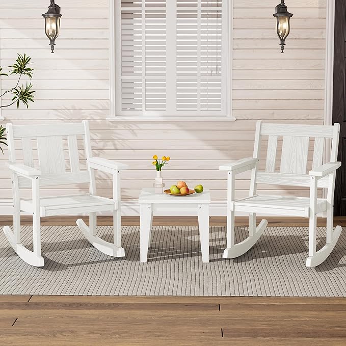 SERWALL 3 Piece Rocking Bistro Set, HDPE Outdoor Patio Table and Chairs, All Weather Outdoor Rocking Set for Backyard,Porch, Poolside, Balcony, and Garden- White