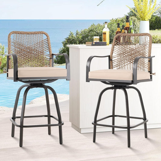 Outdoor Bar Stools Set of 2, Patio Swivel Counter Height Rattan Bar Stools, Patio Wicker Bar Swivel Chairs with Cushion, Outdoor Pool Bar Chairs for Backyard Garden Balcony w /360 Rotation
