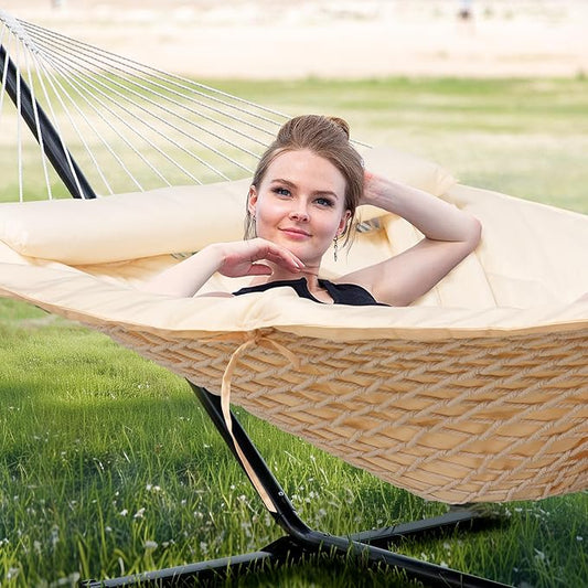 SUNCREAT Two Person Hammock with 12ft Stand Included, Max 475lbs Capacity, Heavy Duty Free Standing Hammock, Beige