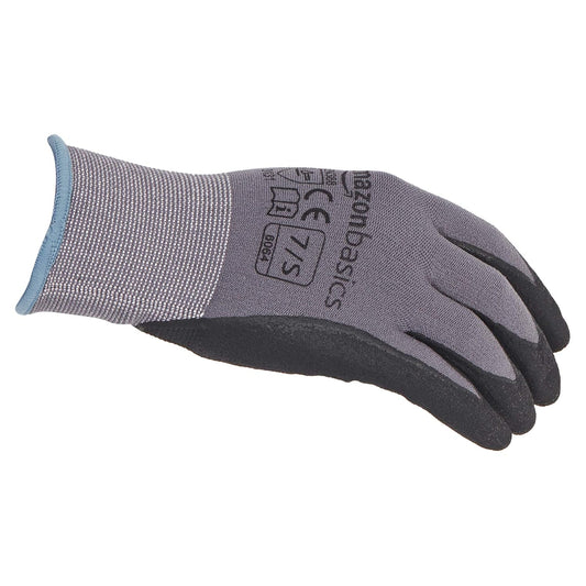Amazon Basics Micro-Foam Nitrile Coated Work Gloves, Nylon Liner Fiber, Touch Screen, Grey, Size 7/S, 12-Pair