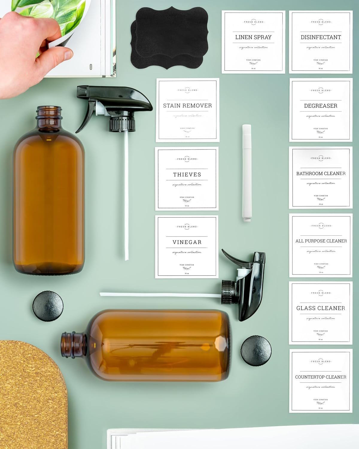 Vine Creations Amber Glass Spray Bottles, 2 Pack Glass Refillable Bottles for Cleaning solutions, 16 oz Spray Bottle for Cleaning, Mister Spray Bottle, Amber Spray Bottles with Waterproof Labels