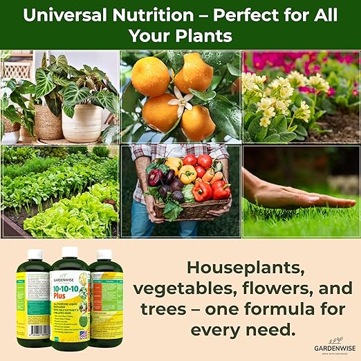 10-10-10 All Purpose Plant Food - Liquid Fertilizer with Seaweed Kelp & Iron - Indoor & Outdoor Plant Food, Vegetables, Flowers, Lawn & Garden 1x8oz