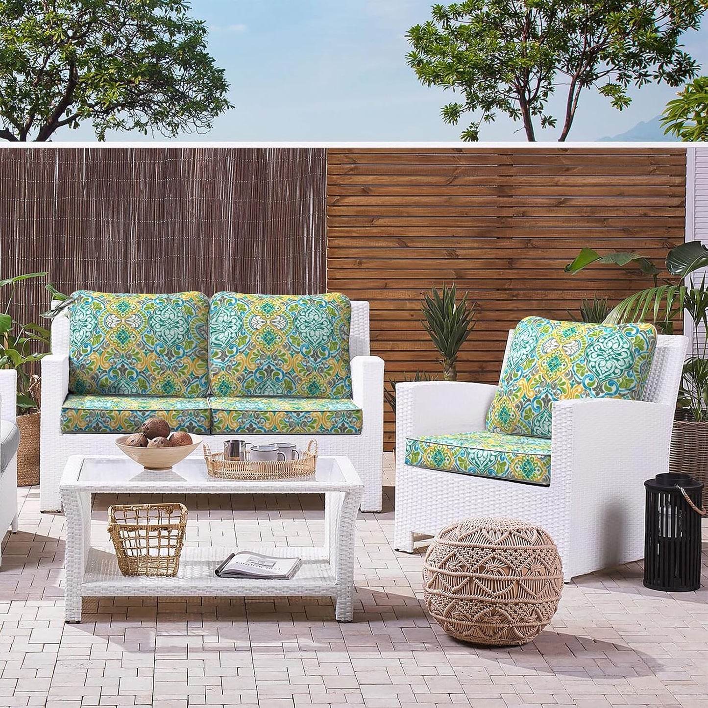 LVTXIII Outdoor Deep Seat Cushion Patio Seat and Back Cushion Set Seasonal Chair Cushion for Dining Arm Chairs, Wicker Chairs and Garden Furniture Decoration, 24"x24"x4", Damask Green