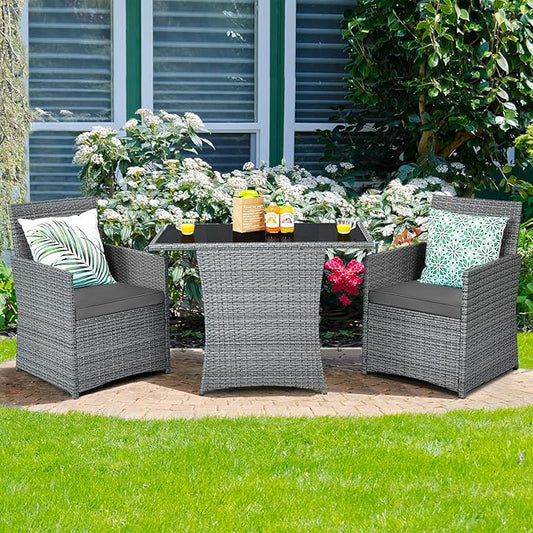 Tangkula 3 Pieces Patio Dining Set, Patiojoy Space-saving PE Rattan Bistro Set with Tempered Glass Top Table and Cushioned Chairs, Outdoor Conversation Set for Garden, Backyard, Poolside, Porch (Gray)