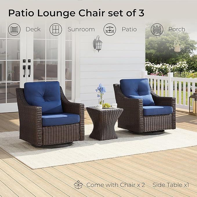 CHITA 3 Pieces Wicker Patio Bistro Set, Outdoor Furniture Set with 2 Pieces Rattan Rocking Swivel Chairs, Thickened Cushions and Side Table