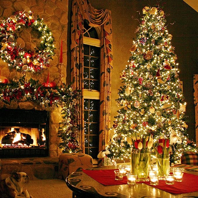 Techip 300 LED Halloween Christmas Lights Outdoor, Warm White Christmas Tree Lights Outside Waterproof Twinkle Lights Green Wire Connectable Plug in String Lights Indoor 108FT 8 Modes for House Decor