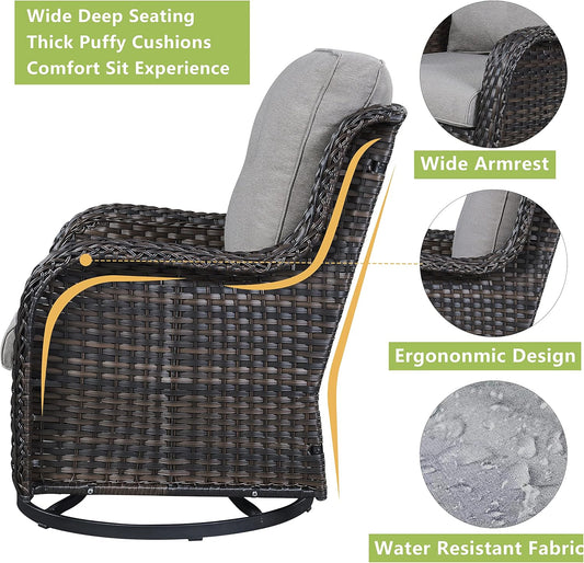 Outdoor Patio Swivel Rocker Chairs - 3 Piece Patio Bistro Set,Wicker Patio Furniture Set with 2 Swivel Rocking Chairs and 1 Glass Top Side Table for Deck Porch Garden,rown/Grey