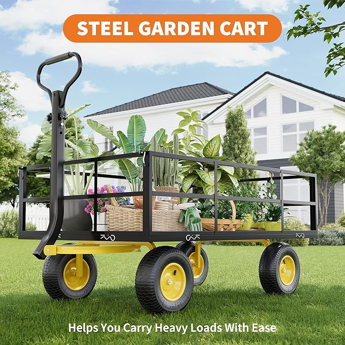 1400LB Capacity Garden Cart, 3-in-1 Heavy Duty Utility Wagon with 13" All-Terrain Tires, Removable Mesh Sides & 180° Swivel Handle - Outdoor Yard Cart for Gardening, Farming, Patio Use