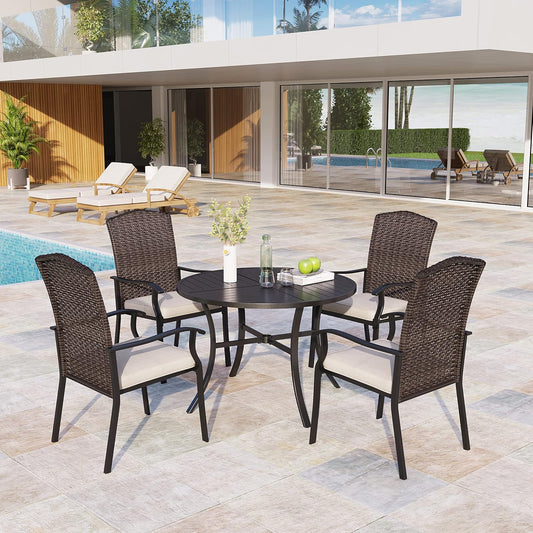 Outdoor Patio Round Dining Table, 42"x 42" Metal Slatted Round Tabletop with Adjustable Umbrella Hole for Deck Lawn Garden Backyard, Black