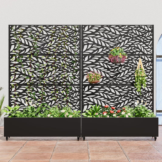 Casaphoria Metal Raised Garden Bed with Trellis and Wheels, 72"x47"x16" Planter Box for Climbing Plants, Vegetables & Vines, Features Drainage Holes and Privacy Screen (Black-Spring)