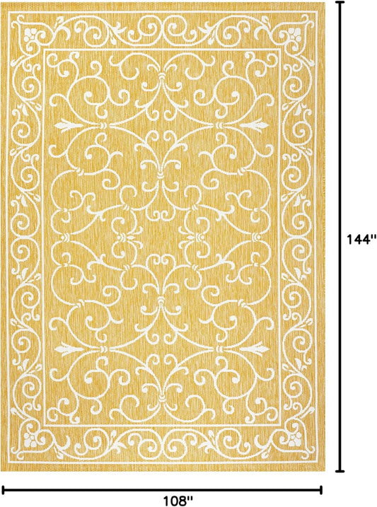 JONATHAN Y SMB106L-9 Charleston Vintage Filigree Textured Weave Indoor Outdoor Area Rug, Classic Traditional Easy-Cleaning,Bedroom,Kitchen,Backyard,Patio,Non Shedding, 9 X 12, Yellow/Cream